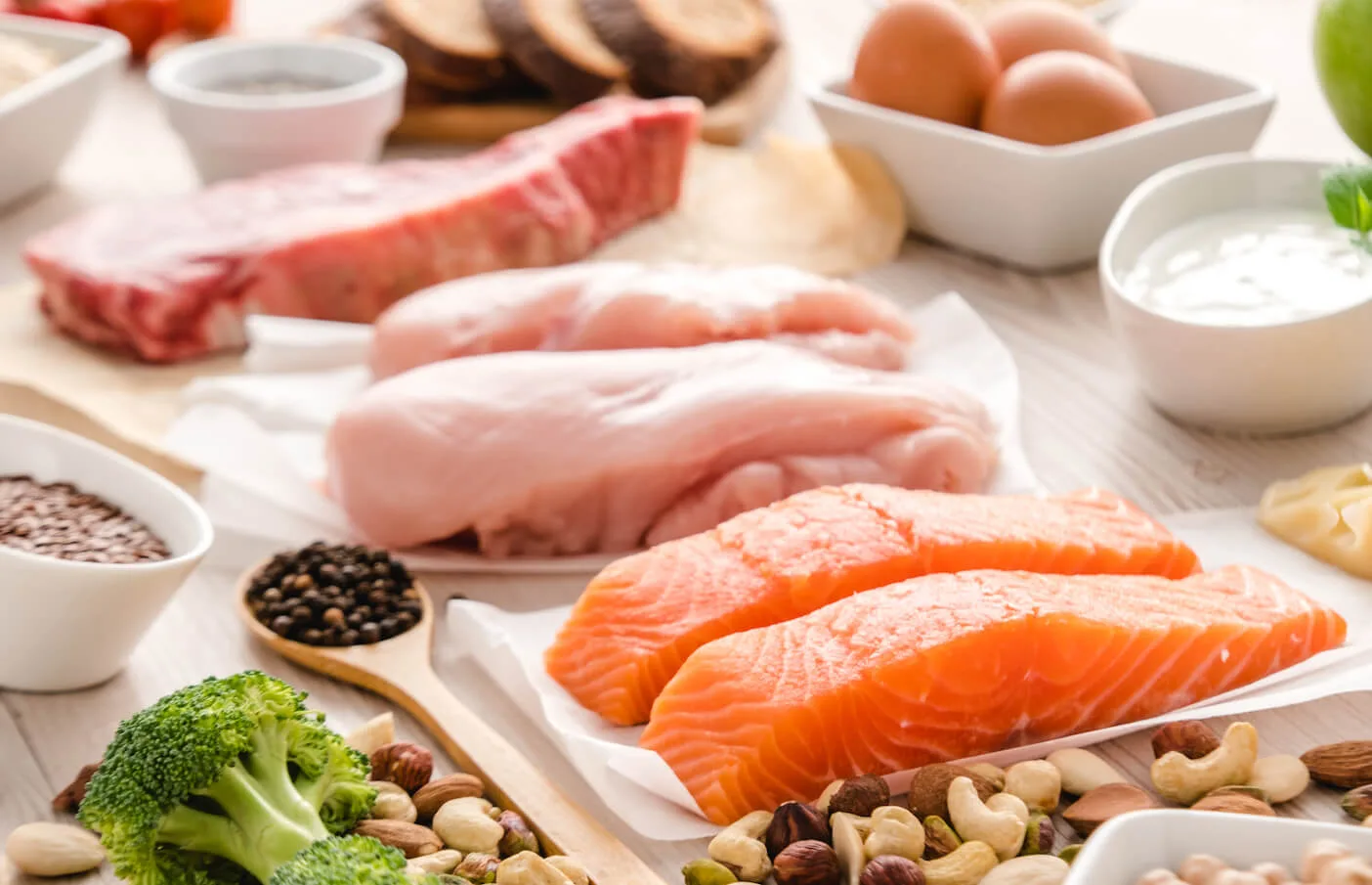 高蛋白質食物-鮭魚、牛肉、雞肉、堅果、雞蛋